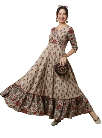 Anarkali Gown Women's Floral Print Maxi Dress, Beige with Red and Brown Flowers, V-Neck, 3/4 Sleeves, Tiered Hem-picture-31