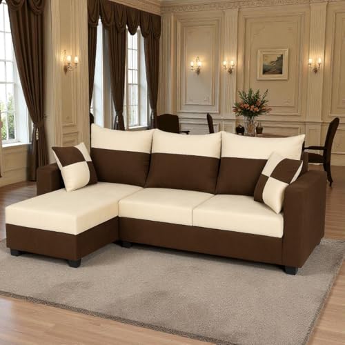 Image of FURNY Arissa 4 Seater Fabric LHS L Shape Sofa Set with Exta Cushions (Cream-Dark Brown) Premium Velvet Finish | Ideal of Living Room