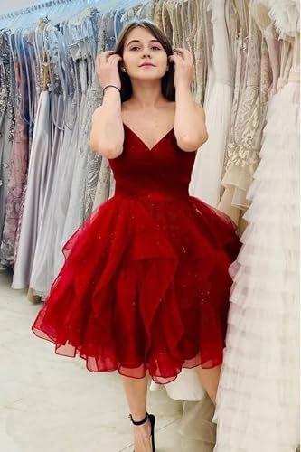 ZSHAOLHYJYZS Tiered Homecoming Dresses 2025 V-Neck Glitter Tulle Spaghetti Straps Short Prom Dresses for Teens Ball Gown3