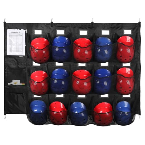 NVAAV Baseball Dugout Organizer, Hanging Helmet Bag for 15 Players Baseball Softball Team, Helmet Organizer for Dugout Fence Garage, Organize Baseball Equipment, Helmets, Gloves, Bats, Balls