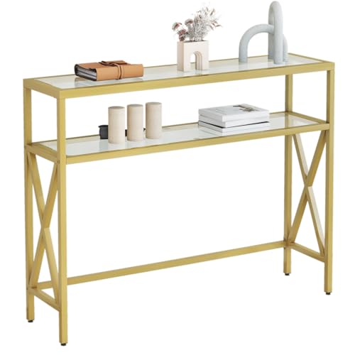 YMYNY Konsolentisch, Gehärtetes Glas Sofa Tisch, Industrieller Eingangstisch für Flur, Schmaler Sofastisch mit Regalen, Kompakter Anzeigetisch für kleine Räume, 101×25×80.5CM Golden HGD007G
