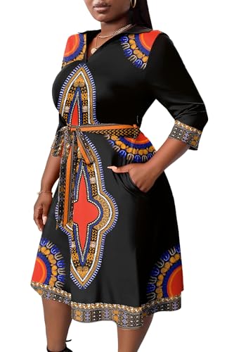 Image of FANDEE Plus Size Midi Dress for Women - Printing Summer Dresses for Wedding Guest Cocktail Party 3 /4 Sleeve V Neck(L-5XL)