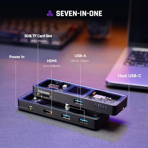 Image of DockCase Explorer Edition Visual Smart USB C Hub (7-in-1) with HDMI Port 4K@60Hz, 100w PD Power Delivery, 3 USB-A 5Gbps Data Ports, SD /TF Card Reader, for MacBook Air /Pro, iPad Pro, Dell XPS, and More