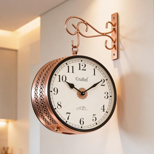 Image of CRAFTEL Double Sided Station Wall Clock Electroplated | Aluminum Matte-Finish Dial Brass Body | Dial - 10 Inches, Rose Gold | 365 Days Warranty