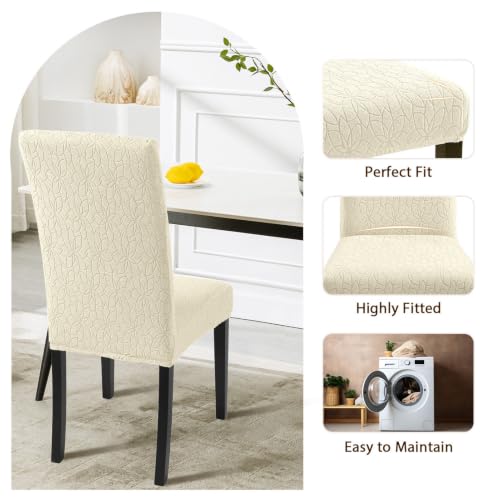 Image of SearchI Jacquard Dining Room Chair Covers Set of 4, Stretch Kitchen Chair Covers Washable Parsons Chair Slipcover Removable Dining Chair Protectors for Hotel,Ceremony(Beige Floral Texture)