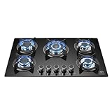 AVERA Parrilla de gas Premium de 5 quemadores, Superficie de vidirio templado negro 77 cm, Encendido...