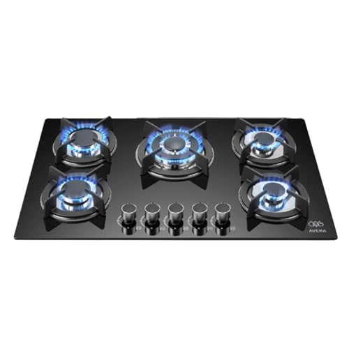 AVERA Parrilla de gas Premium de 5 quemadores, Superficie de vidirio templado negro 77 cm, Encendido electrónico, Estufa empotrable multigas para gas LP o Natural,Incluye espreas y manguera | VT5