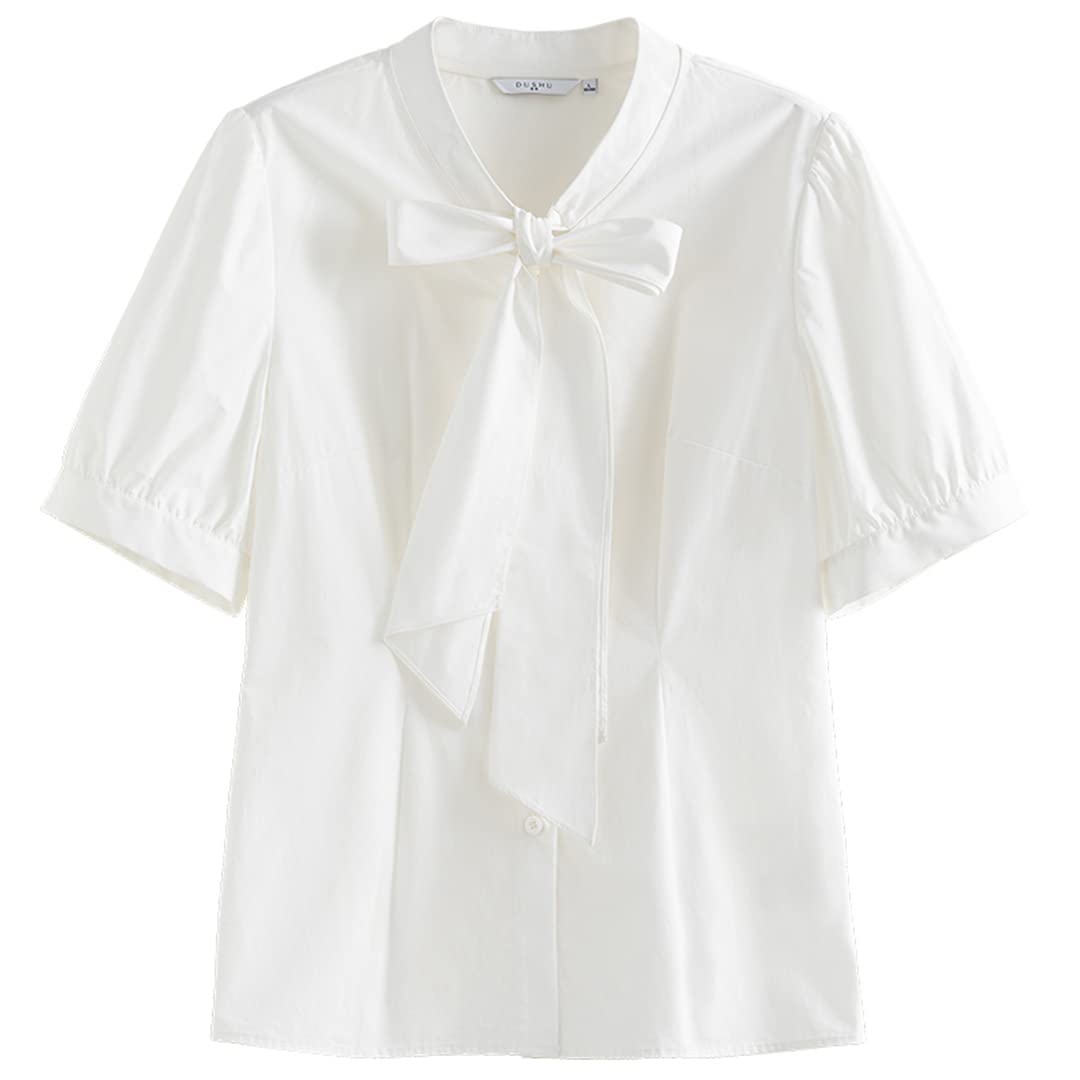 Blusas Blancas de Manga Corta con Cuello de Pajarita para Mujer Camisas Informales de algodón para Mujer de Oficina con Encaje Recto