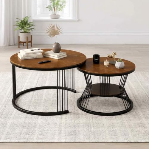Image of NEST NATURE HAVEN Wrought Iron Frame 19.5 inch x 19.5 inch Round Coffee Table: Set of,2 Piece MDF Top Industrial Design Stacking Nesting Table - for Living Room,or Lounge Home Decor Furniture (Black & Brown)