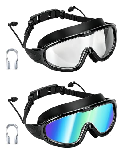 PADONISE Adult Swim Goggles 2 Pack - Anti Fog Swimming Goggles for Men Women with Polarized & Clear Lenses, Wide View Leak Proof Pool Goggles with Ear Plugs and Nose Clip for Beach Essentials