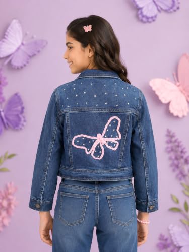 Image of Girls Full Sleeve Solid Crop Denim Jacket