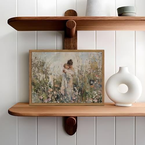 Image of Mother Holding Child Wall Art Vintage Motherhood with Baby Wall Decor Painting Cottage Country Nursery Sign Poster Canvas Print for Kids Bedroom Living Room 10x8 inch Wood Framed