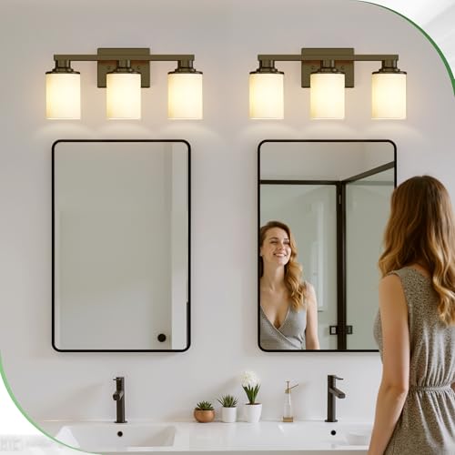 Image of DORESshop 17 Inch 3-Light Black Bathroom Vanity Light with Milk Glass