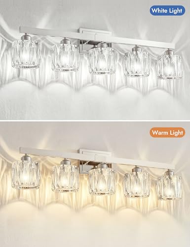 Image of VOLISUN Crystal Vanity Lights for Bathroom, 5 Light Bathroom Vanity Light, Modern Stainless Steel Bathrooms Lights Over Mirror, Chrome Bathrooms Lights Fixtures-UL Certificated(Exclude Bulb)