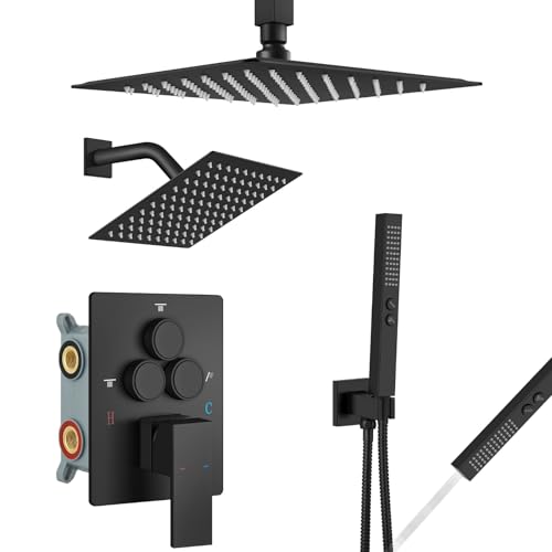 Aolemi Shower Faucet Set Ceiling Mount Shower System Rough-in Valve and Shower Trim Kit 10 and 6 Inch Dual Shower Head 2 in 1 Handheld Spray Push Button Diverter Matte Black