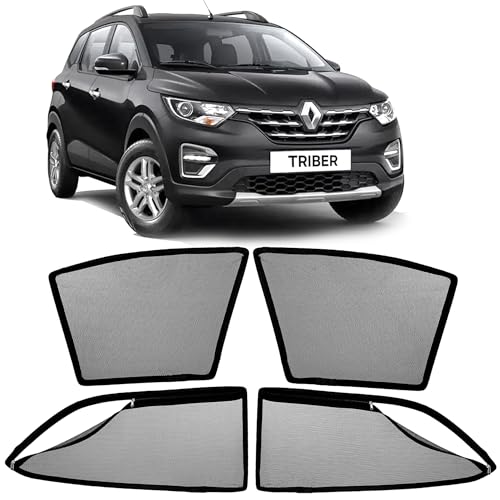 Image of AutoStory Magnetic Car Sunshade for Renault Triber | Front Half Cut for Mirror Visibility + Rear Full Coverage with Zipper | Heavy Heat & UV Protection | Privacy Side Window Curtains Shades