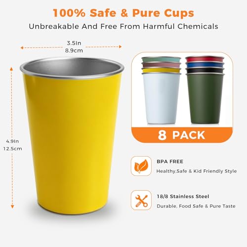 HAMIZHONGTAI 8 Pack Stainless Steel Cups 16oz - Colorful Stackable Shatterproof Metal Cups & stainless steel tumbler, Reusable BPA-Free Metal Drinking Cups for Camping, Travel, Outdoors - image 3
