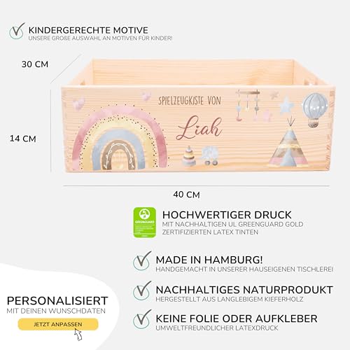 Kidsmood - Spielzeugkiste aus Holz mit Wunschnamen | Aufbewahrungsbox Kinder Spielzeug & Bücher | Praktische Holzkiste als Deko Kinderzimmer oder als Personalisierte Geschenke Baby zur Geburt & Taufe