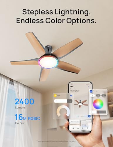 Image of DREO Smart RGBIC Ceiling Fans with Lights, Low profile Ceiling Fan with Alexa /App, 52'' Dimmable Lighting & Color Tuning, 25dB Quiet for Living Room, Game Room, Easy Installation, Black, 2026 Upgraded