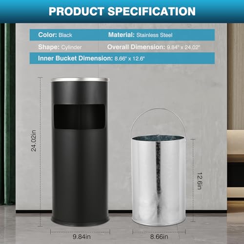 Image of IRONWALLS Outdoor /Indoor Trash Can with Lid, Black Stainless Steel Garbage Can Waste Bin Receptacle Container, Commercial Trash Can Round with Removable Tray & Inner Bucket for Office, Patio, Home
