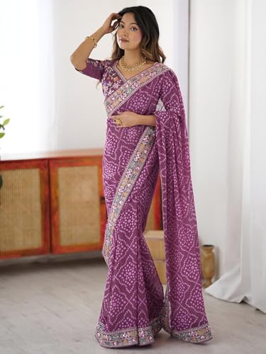 Image of Satrani Women's Georgette Bandhani Printed Sequin Embroidery Saree with Unstitched Blouse Piece