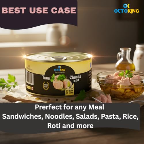 Image of Octoking Light Meat Tuna Chunks in Oil 185g (Pack of 3) | Premium Canned Tuna Fish | High Protein Ready-to-Eat | Rich in Omega-3 | High Protein Seafood | Ideal for Sandwiches, Salads, Pasta & Meals