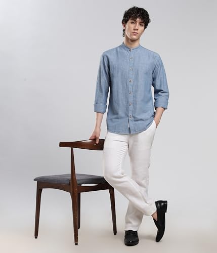 Image of TURMS Men's Casual Solid Linen Shirt | Water Repellent | Anti Stain Anti Odor | Kansas Linen | Mandarin Collar | Full Sleeves