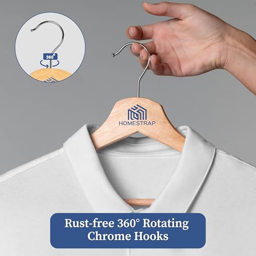 Image of Homestrap Premium Round Bar Wooden Hanger (Pack of 8)| Durable Wooden Garment Hangers with Cut Notches & 360 Degree Swivel Chrome Hook for Hanging Heavy Clothes