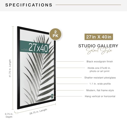 MCS Studio Gallery Movie Poster Frame 27x40 Black Woodgrain, Vertical & Horizontal Wall Hanging Large Picture Frame for Photos, Artwork & Custom Posters (2-Pack)