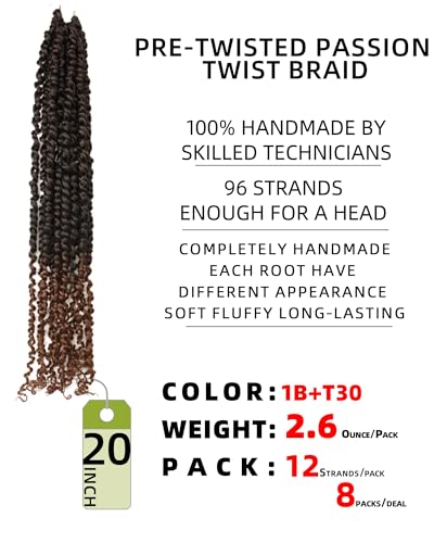 20 Inches 8 Packs crochet twists pre looped,Mixed Colors Combo Pack(6 packs 1B+ 2 pack T1B/30),Passion Twist Crochet Hair-Super Long Pre-twisted Pre Looped Hair Extensions(20"-8 Packs,1B+T30)