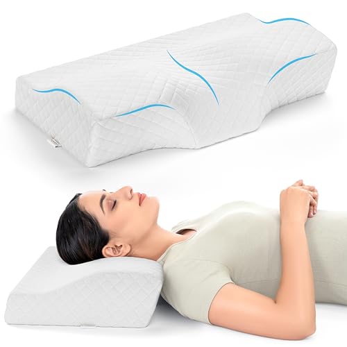 Image of FOVERA Memory Foam Cervical Pillow for Neck Pain | Orthopedic Contour Neck Support Pillow for Sleeping, for Neck and Shoulder Pain, Dual Height (White Jacquard Cover, Pack of 1)
