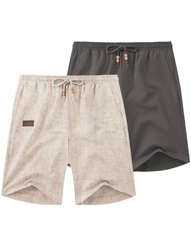 Image of COOFANDY Mens Casual Linen Shorts Elastic Waist Drawstring Loose Fit Summer Beach Vacation Shorts with Pockets