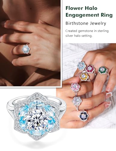 Flower Engagement Promise Ring Sterling Silver Birthstone Rings for Women Sapphire/Emerald/Ruby Gemstone Six Leaf Clover Statement Cocktail Ring Size 6 to 103