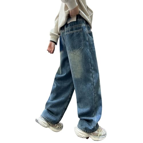 Boys Fleece Lined Jeans Kids Vintage Elastic Waist Denim Pants Y2K Streetwear with Pockets Fall Winter 4-12 Years