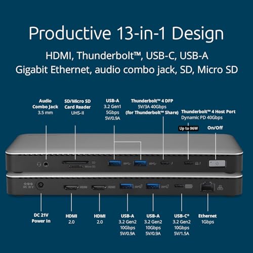 Image of Kensington SD5768T EQ Thunderbolt 4 Docking Station, Dual 4K@60Hz via HDMI /TB4 Ports, 96W Charging, SD /Micro SD Card Slots, Ethernet, Audio, Supports Thunderbolt Share (K35381NA)