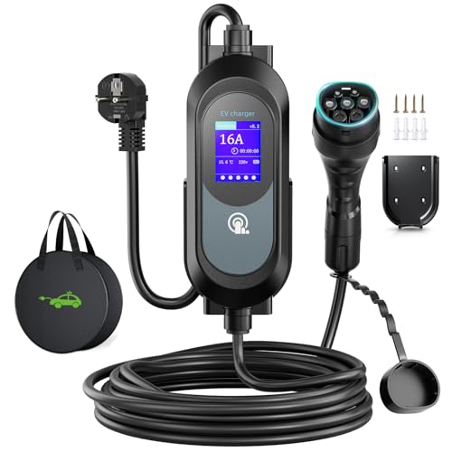 FNRIDS Cargador Coche Eléctrico 8 Metros 3,68kW 8-16A Conmutable Cargador Tipo 2 con 2,4 Pulgadas Pantalla Digital, Soporte 0-12H Carga Temporizada, Portátil Cable Carga Coche Electrico con Bolso