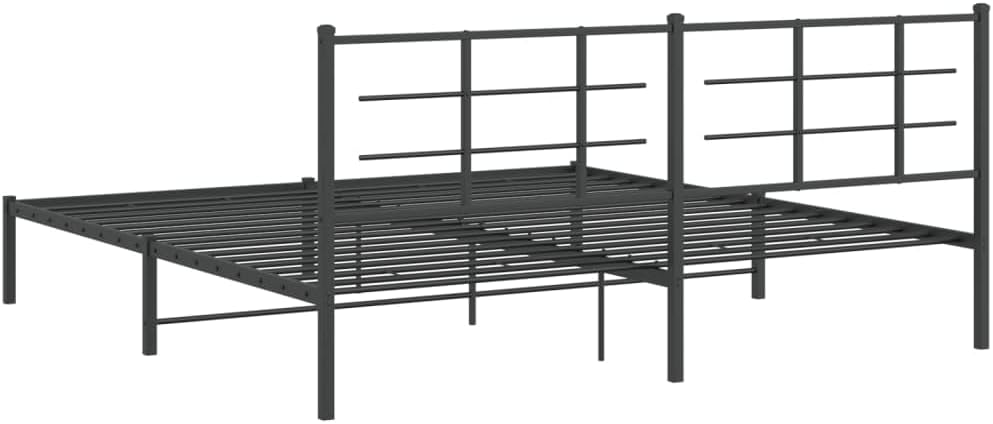 Double Bed Frame Black Powder-Coated Steel Platform Frame with Slatted Foundation and Sturdy Headboard for Bedroom Storage, Durable Heavy-Duty Furniture, Easy Assembly, No Box Spring Needed