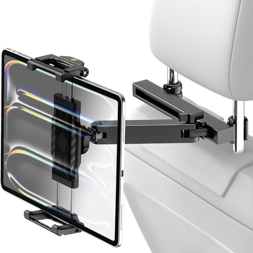 Dosvsi Car Back Seat Tablet Holder, [Thick Case Friendly] Car Headrest Tablet Mount Stand with Extension Arm, Road Trip Essentials for Kid, Fits iPad Pro 12.9 Air Mini, Tab, iPhone, 6.1-13\" Device