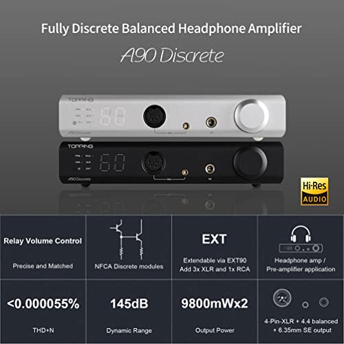 Image of Topping A90 Discrete Fully Discrete Balanced Headphone Amplifier HiFi NFCA 4Pin XLR /4.4MM Balanced /6.35MM SE Out 9800mWx2 Desktop Headphone Amp Preamp with Remote Control (Black)
