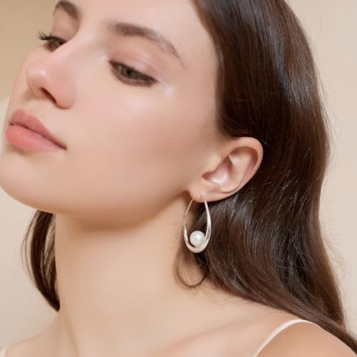 Image of Lightweight Teardrop Hoop Earrings for Women - 14k Gold /White Gold Plated Large Oval Pull Through Hoop Earrings High Polished Statement Jewelry Gift for Women