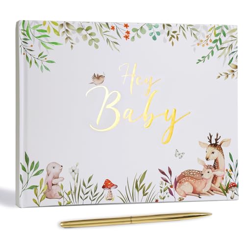 Hunanyume Baby Shower Guest Book, Hardcover Baby Shower Sign in Guest Book with Gold Pen Please Sign Table Card, Gender Neutral Baby Shower Memory Book for New Parents and Expecting Mothers(7" x 9")