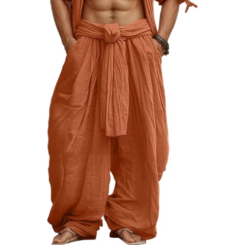 Men’s Casual Linen Elastic Tieknot Waist Wide Leg Pants Summer Lightweight Baggy Beach Yoga Palazzo Trousers for Men