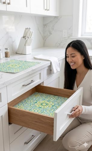 Image of Dribble EVA Shelf Liner Mat 45x500cm Roll, Non Slip Drawer & Cabinet Liner for Kitchen, Waterproof Oilproof Washable Fridge Mat, Anti Skid Cupboard Wardrobe Multipurpose Mat (Green Mandala Art)