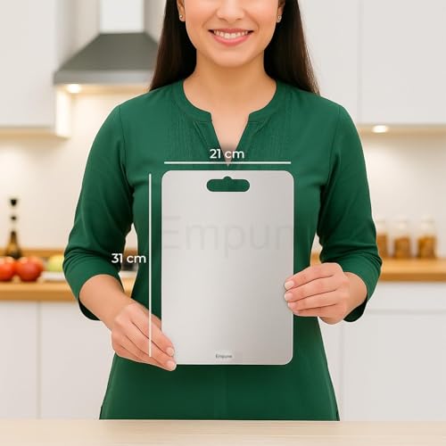 Image of 304 Stainless Steel Rectangular Chopping Board for Kitchen | with 1 Steel Straw & Anti-Skid Silicon Pad | Both Side Usable | Large | Cutting Board | 31 x 21 cm