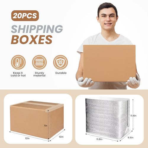 Image of 20 Pack Insulated Shipping Boxes with Aluminum Foil Liner,Thermal Insulation Cold Pack Shipping Boxes for Frozen, Reusable Styrofoam Cooler Box, Small Mailing Box, 12''x10''x7''