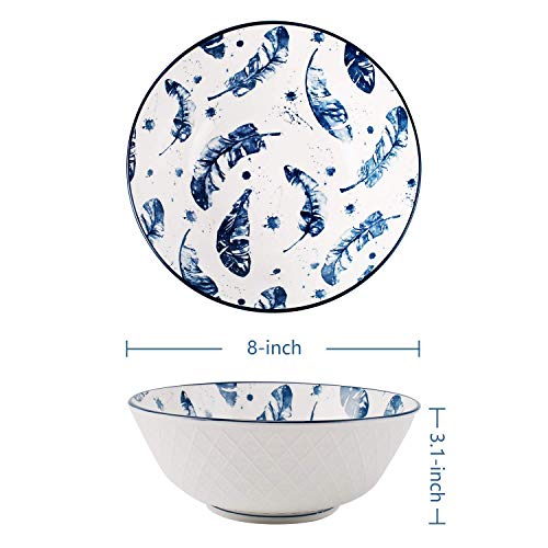 Yalong 40 Ounce Large Porcelain Pho Bowls Set 4 Pack Serving Soup Salad, Pasta, Cereal Stackable Deep Bowl Feather Pattern, Ramen Bowls For Noodle For Kitchen Microwave And Dishwasher Safe, 8 Inches #TOP4