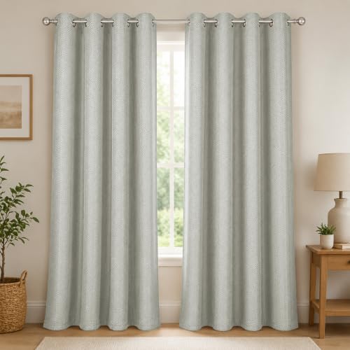 Image of LINENWALAS 100% Blackout Curtains for Long Door (9 Feet) - Set of 2 Panels, Herringbone Linen Texture Complete Light Block, Thermal Insulated & Noise Reducing Room Darkening Drapes (Silver Grey)