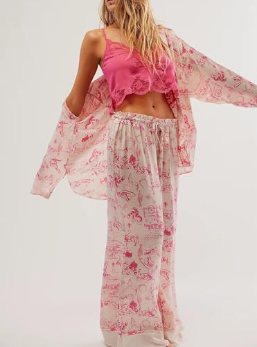 Women Satin Pajamas Set 2 Piece Western Cowgirl Silk Pjs Long Sleeve Floral Pjs Wide Leg Pants Button Down Loungewear2