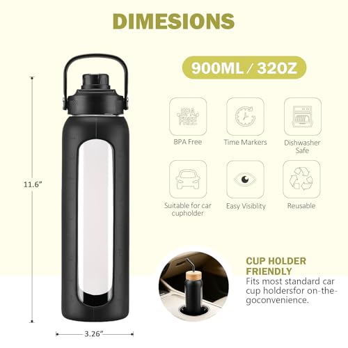 Image of 32 oz Glass Water Bottle with Straw - 2 Lids (Bamboo & Spout Lid), 1L Motivational Borosilicate Glass Daily Water Intake Bottle with Time Marker, Silicone Sleeve for Home Office-Black