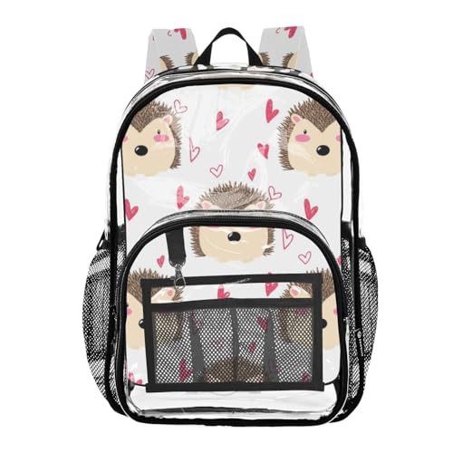 Clear Bag for Women Travel Boys Backpacks for Girls Large Plastic Approved Bag Cute Hedgehogs Pink Hearts